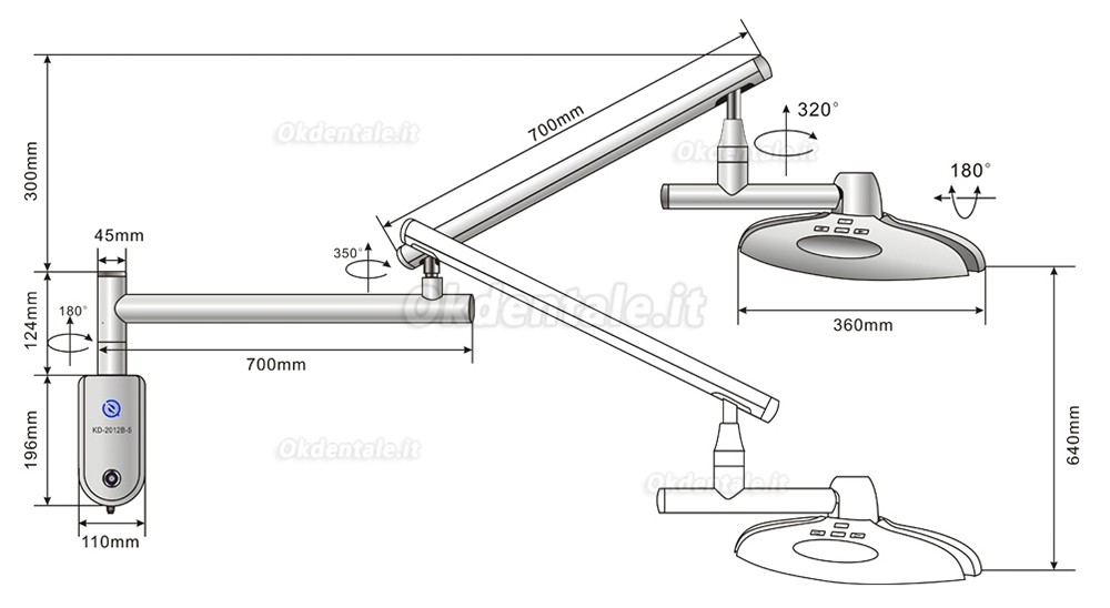 Lampada scialitica odontoiatrico a LED KWS KD-2012B-5 da 90 W / lampada operatoria a parete